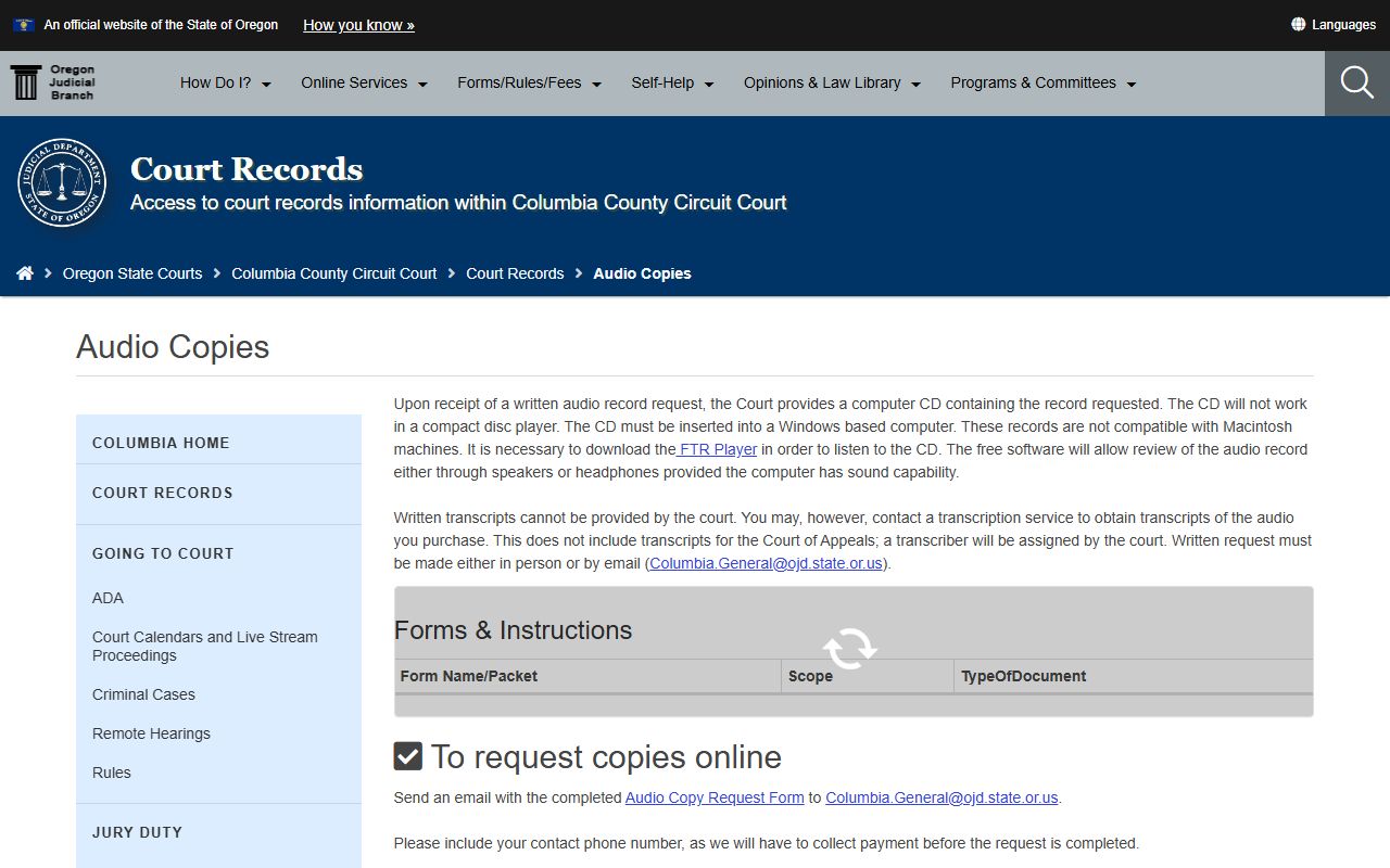 Columbia County Circuit Court records audio copy instructions