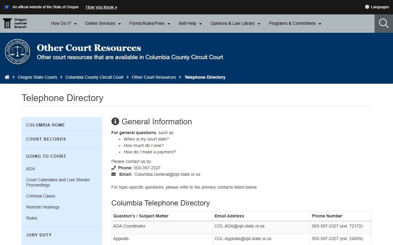 Columbia County Circuit Court directory and phone contacts