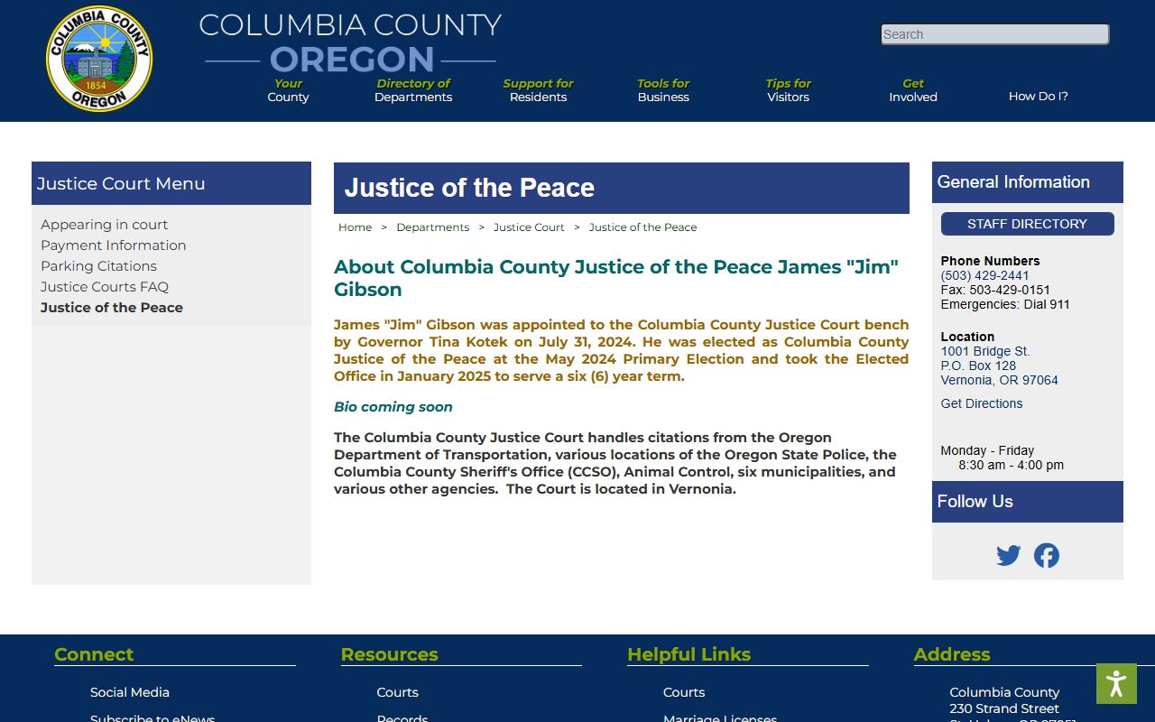 Columbia County Justice Court Justice of the Peace profile
