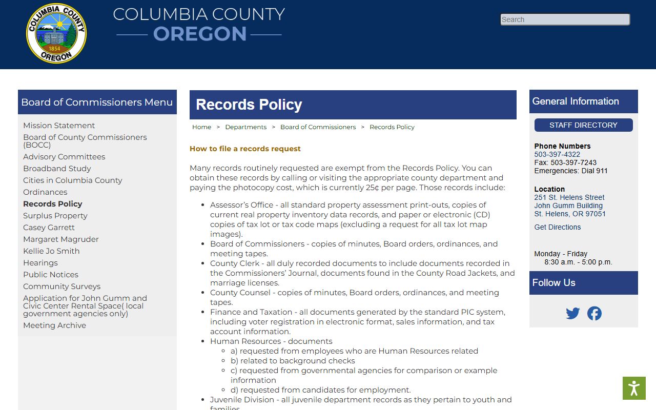 Columbia County court records public records policy