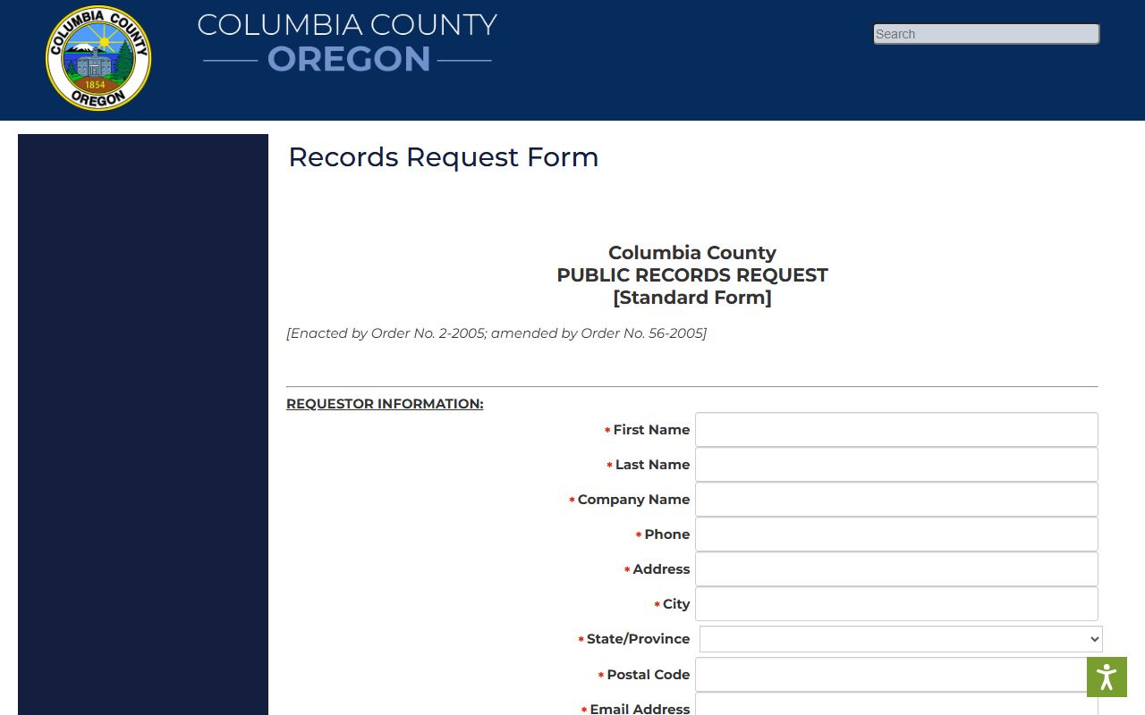 Columbia County court records request form fields