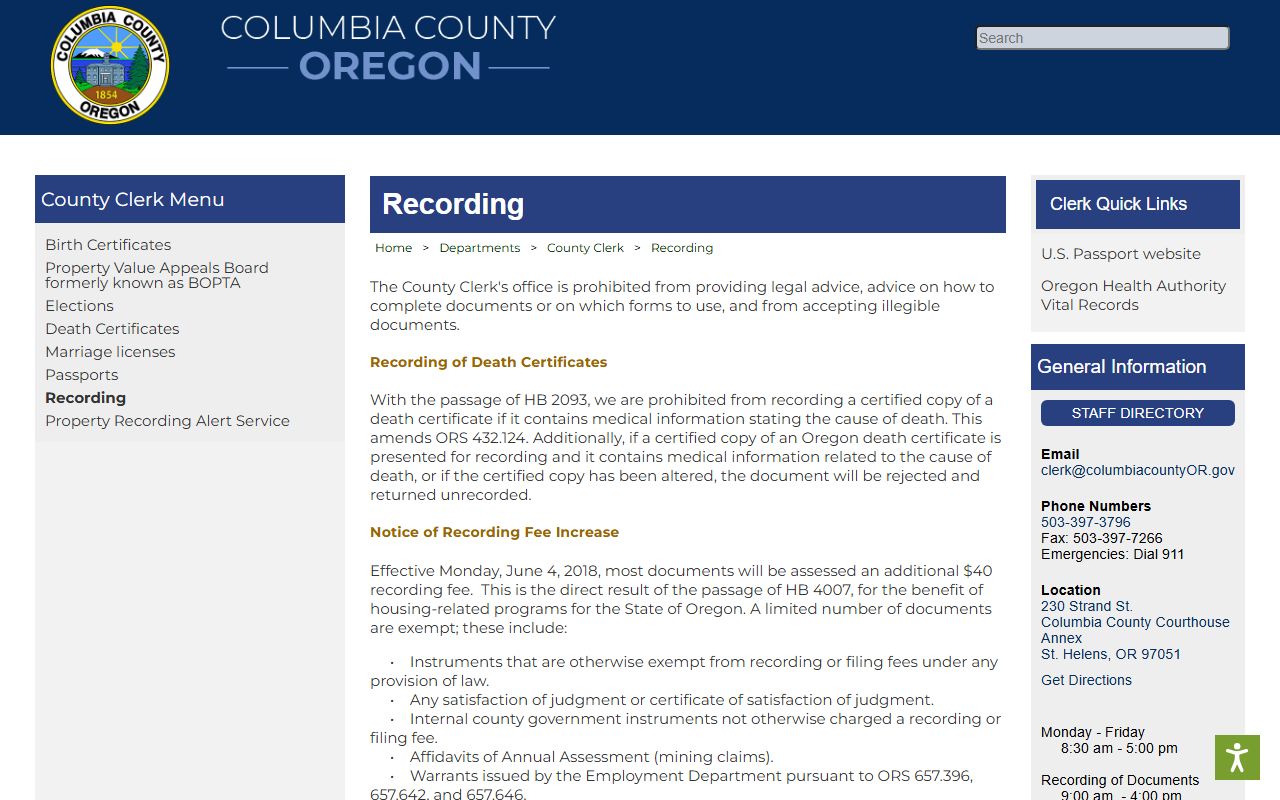 Columbia County clerk recording records source
