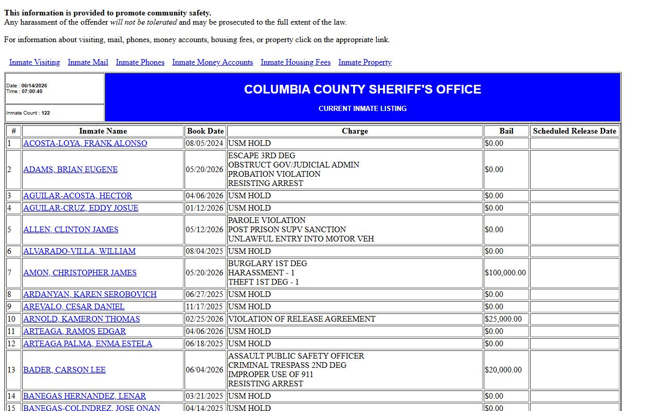Columbia County arrest records printer-friendly inmate roster with charges