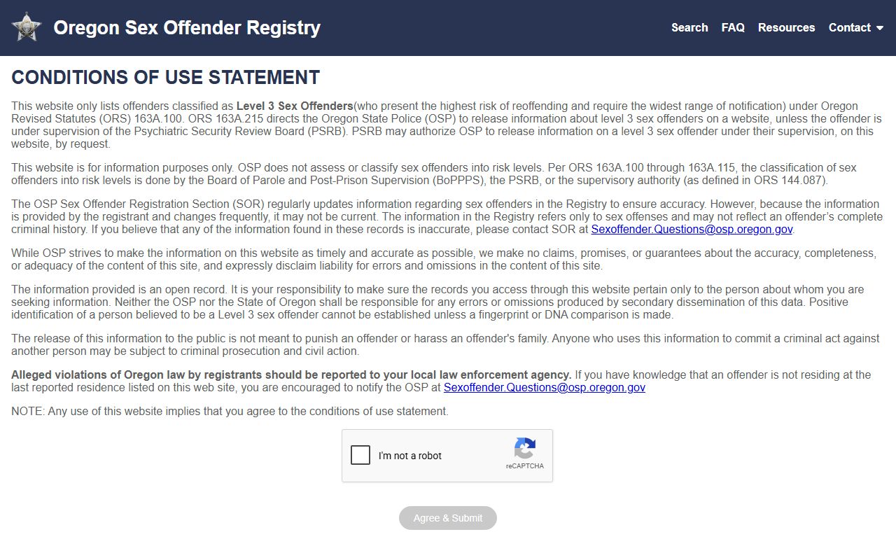 Columbia County arrest records Oregon State Police sex offender registry