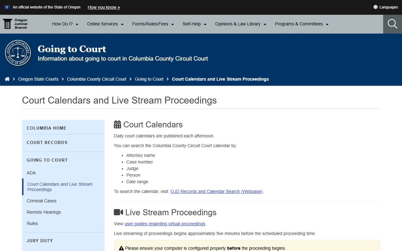 Columbia County court dockets Circuit Court calendar page
