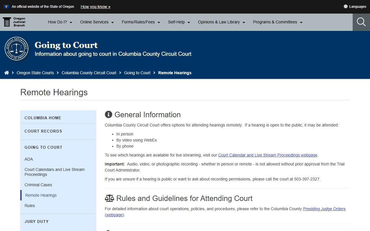 Columbia County court dockets remote hearings and live stream rules