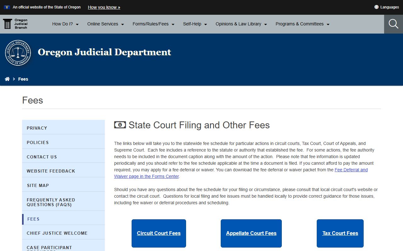 Columbia County court records OJD statewide fee schedule page