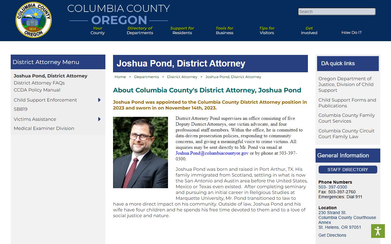 Columbia County criminal court records District Attorney Joshua Pond profile