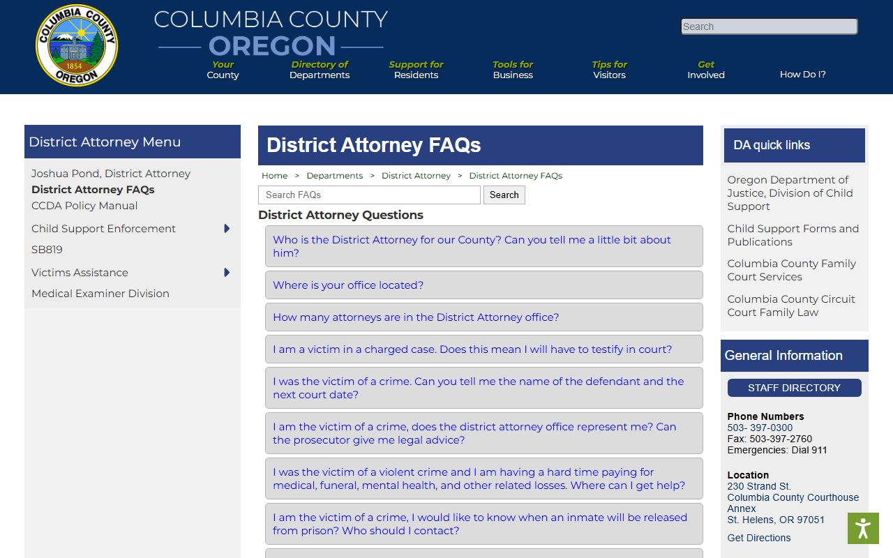 Columbia County criminal court records District Attorney FAQ page