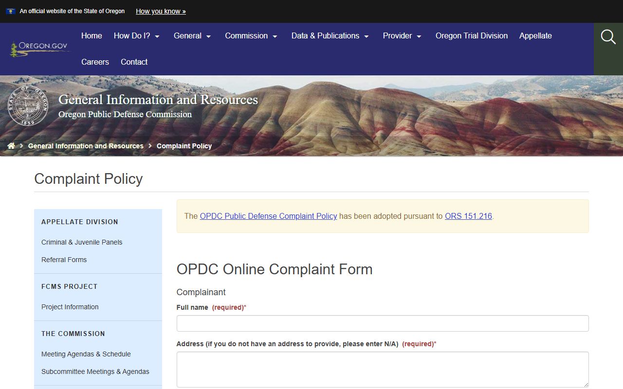 Columbia County criminal court records OPDC complaint policy page