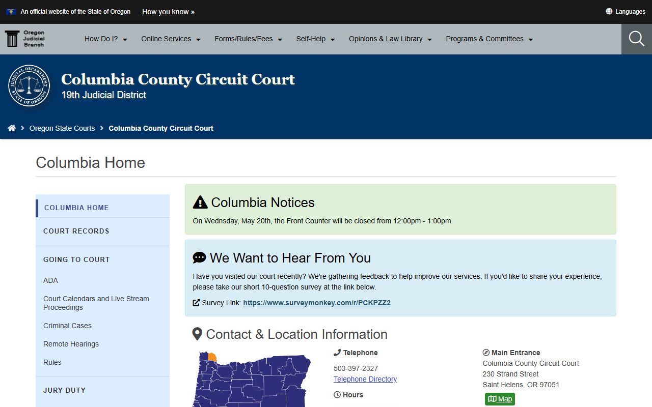 Columbia County court records Circuit Court home page