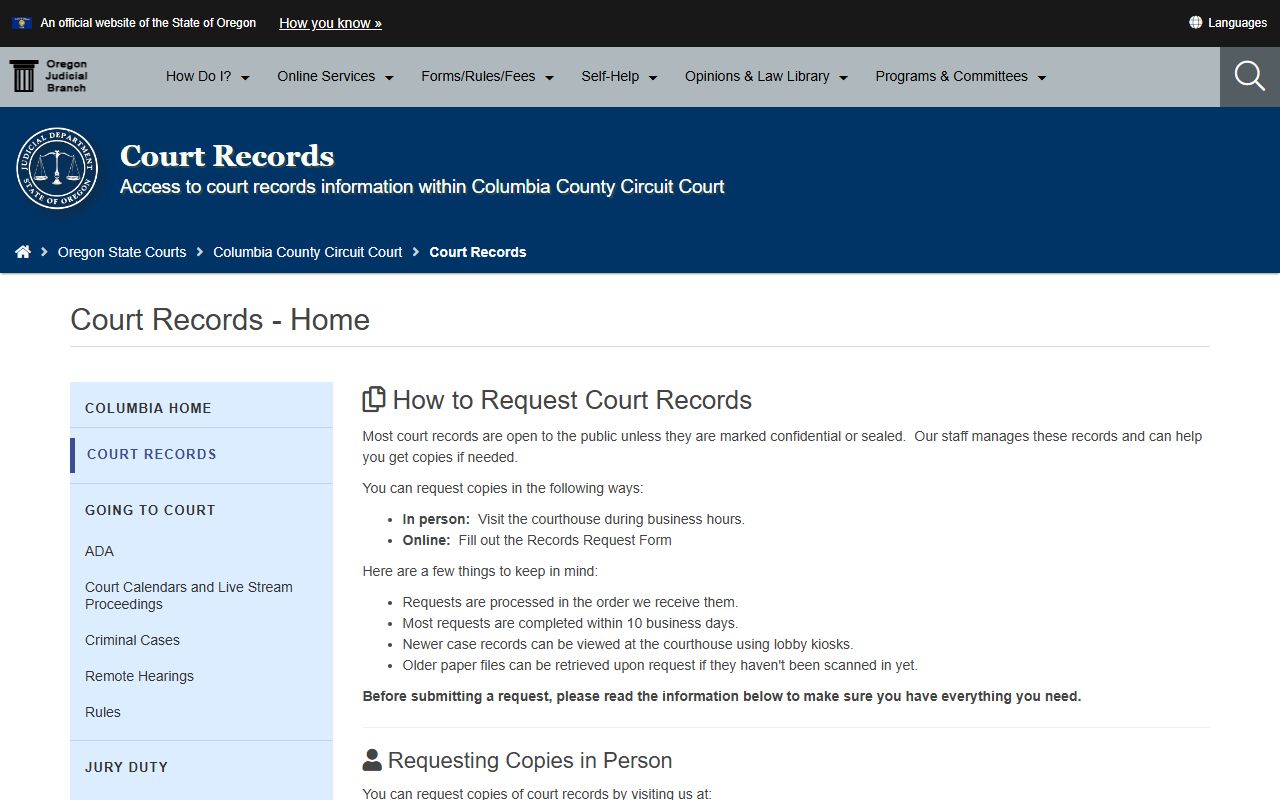 Columbia County court records Circuit Court copy request page