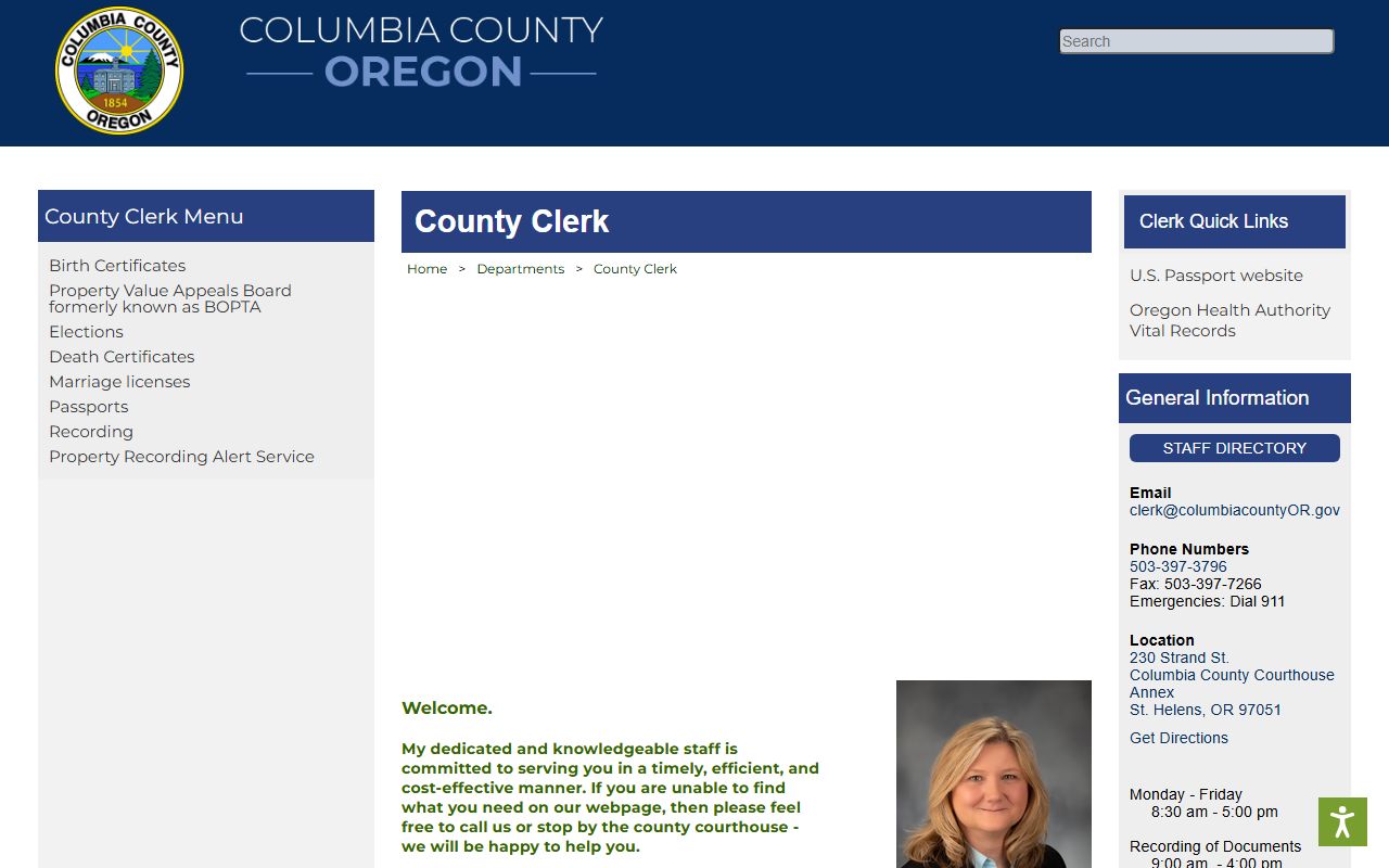Columbia County marriage records County Clerk contact page