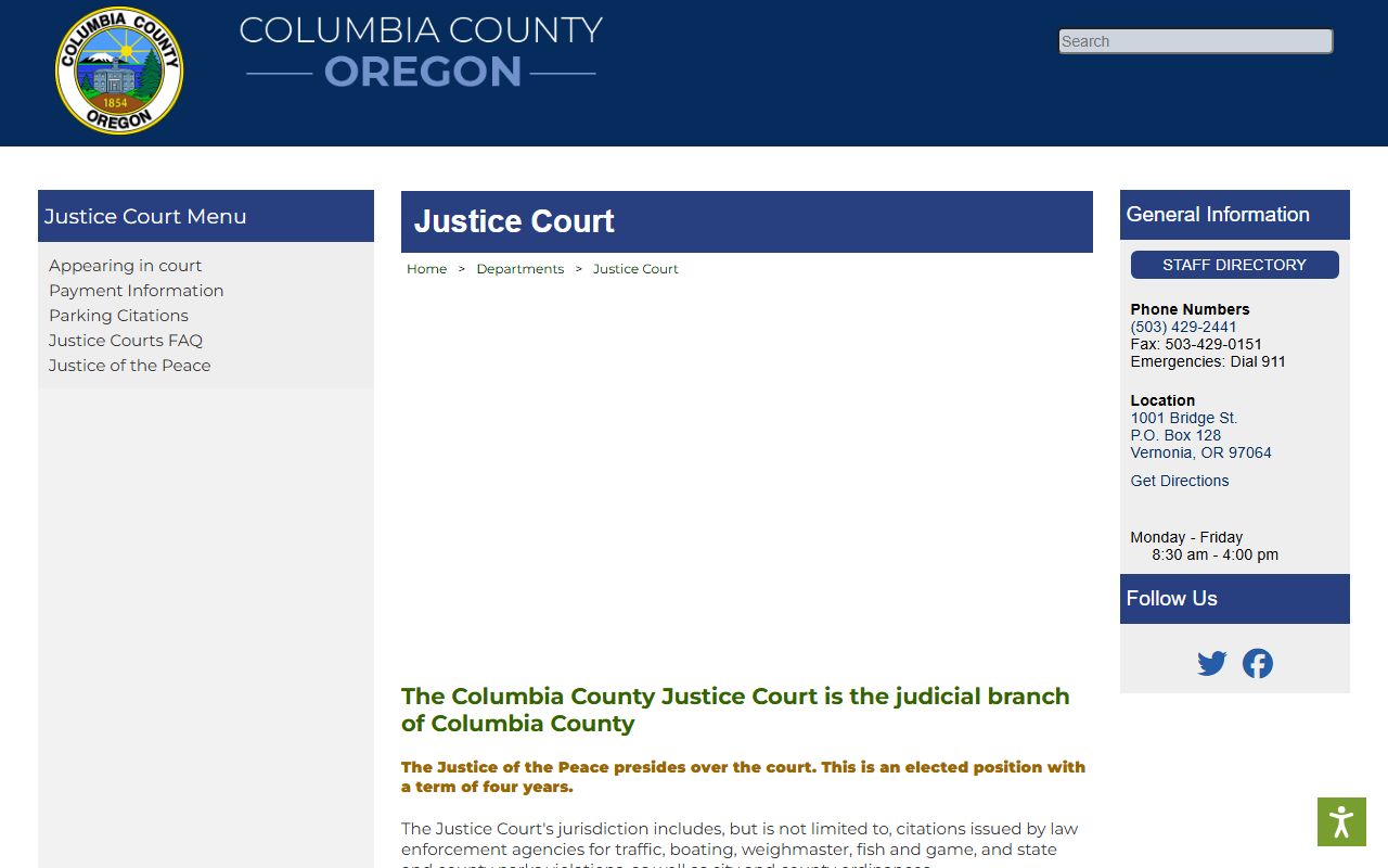 Columbia County traffic court records Justice Court page