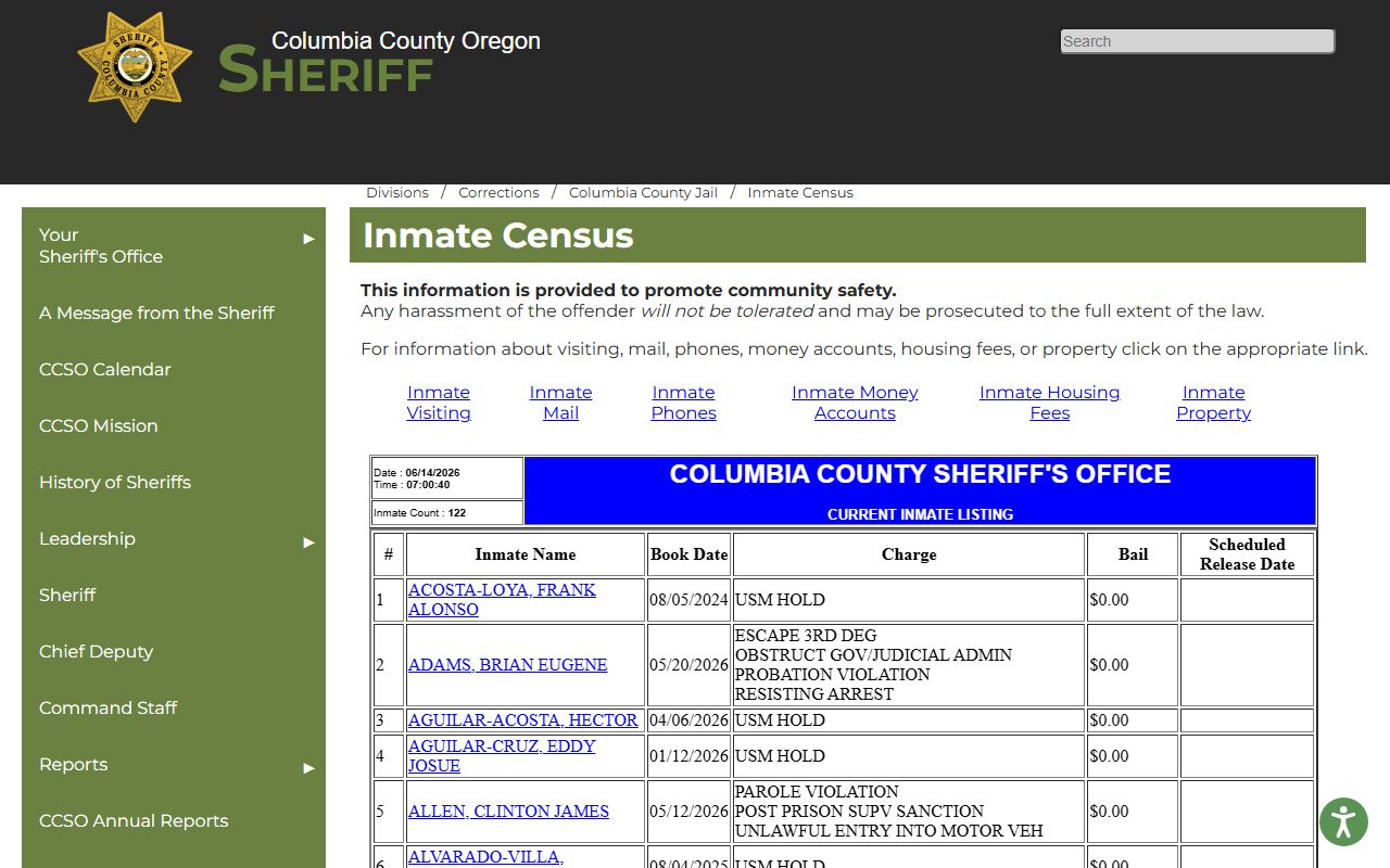 Columbia County inmate records jail census page
