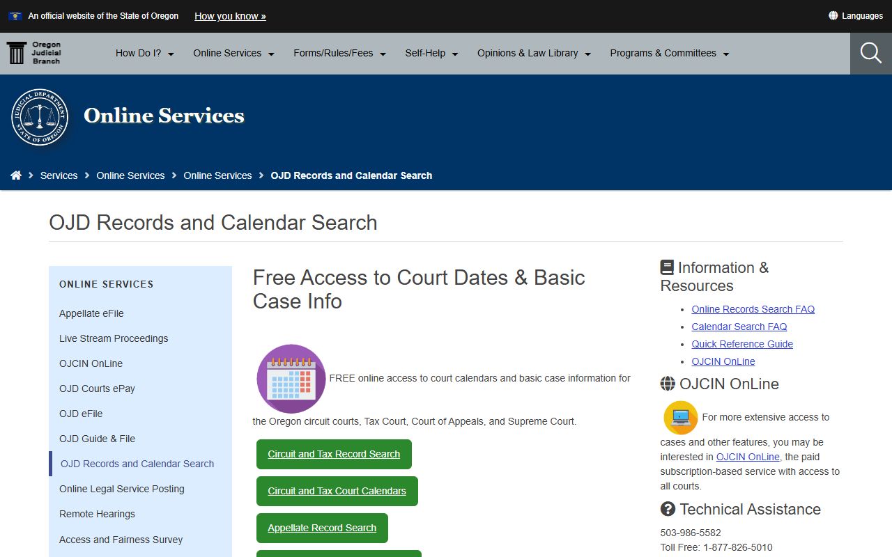Columbia County court records OJD records and calendars page