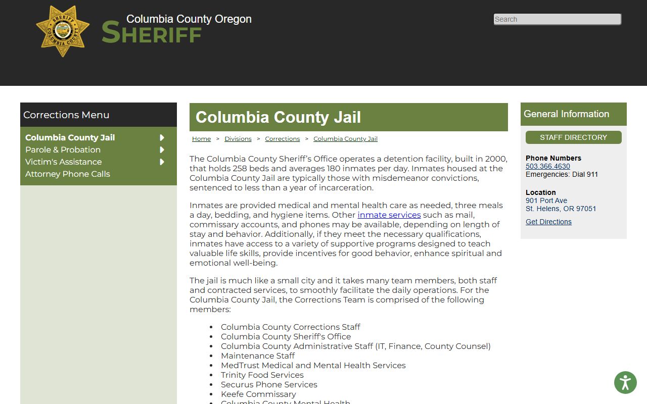 Columbia County inmate records jail facility information