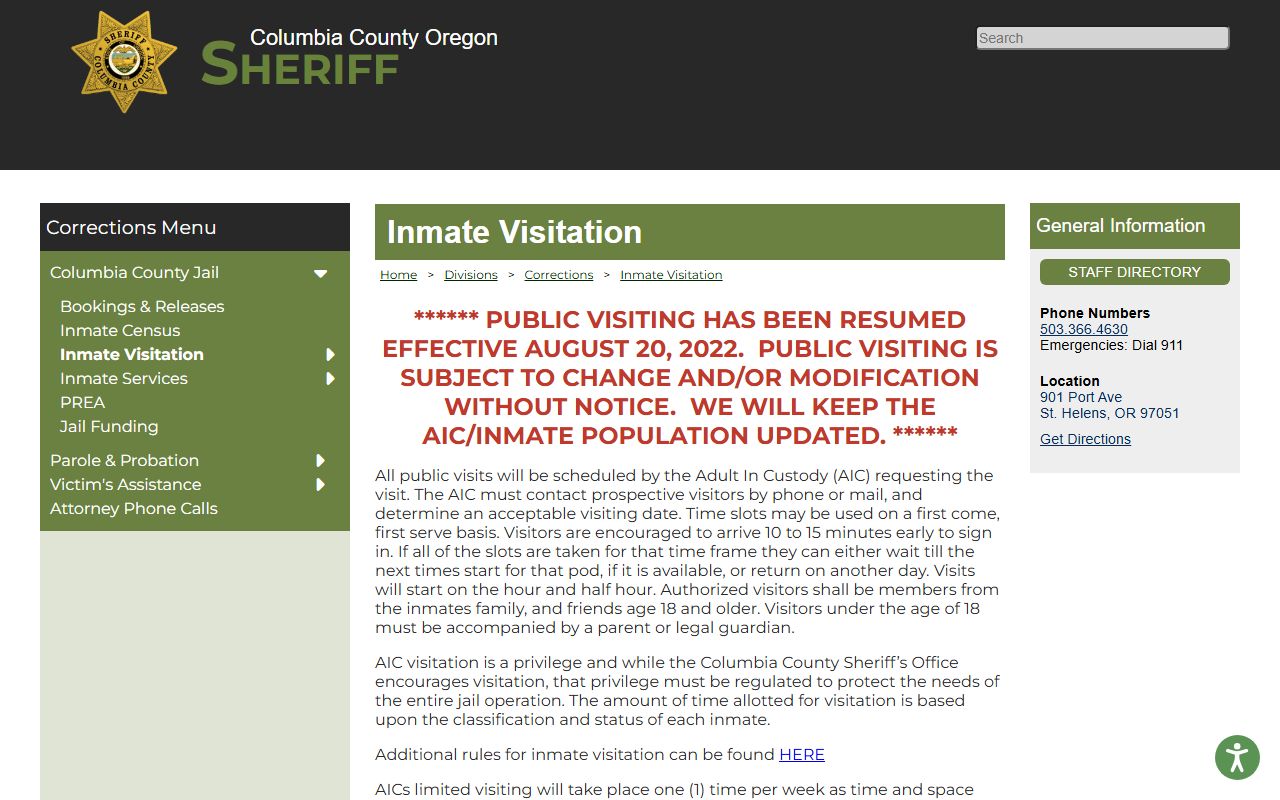 Columbia County inmate records visitation schedule