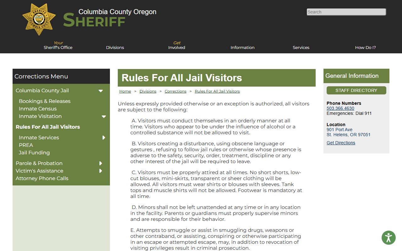 Columbia County inmate records jail visitor rules