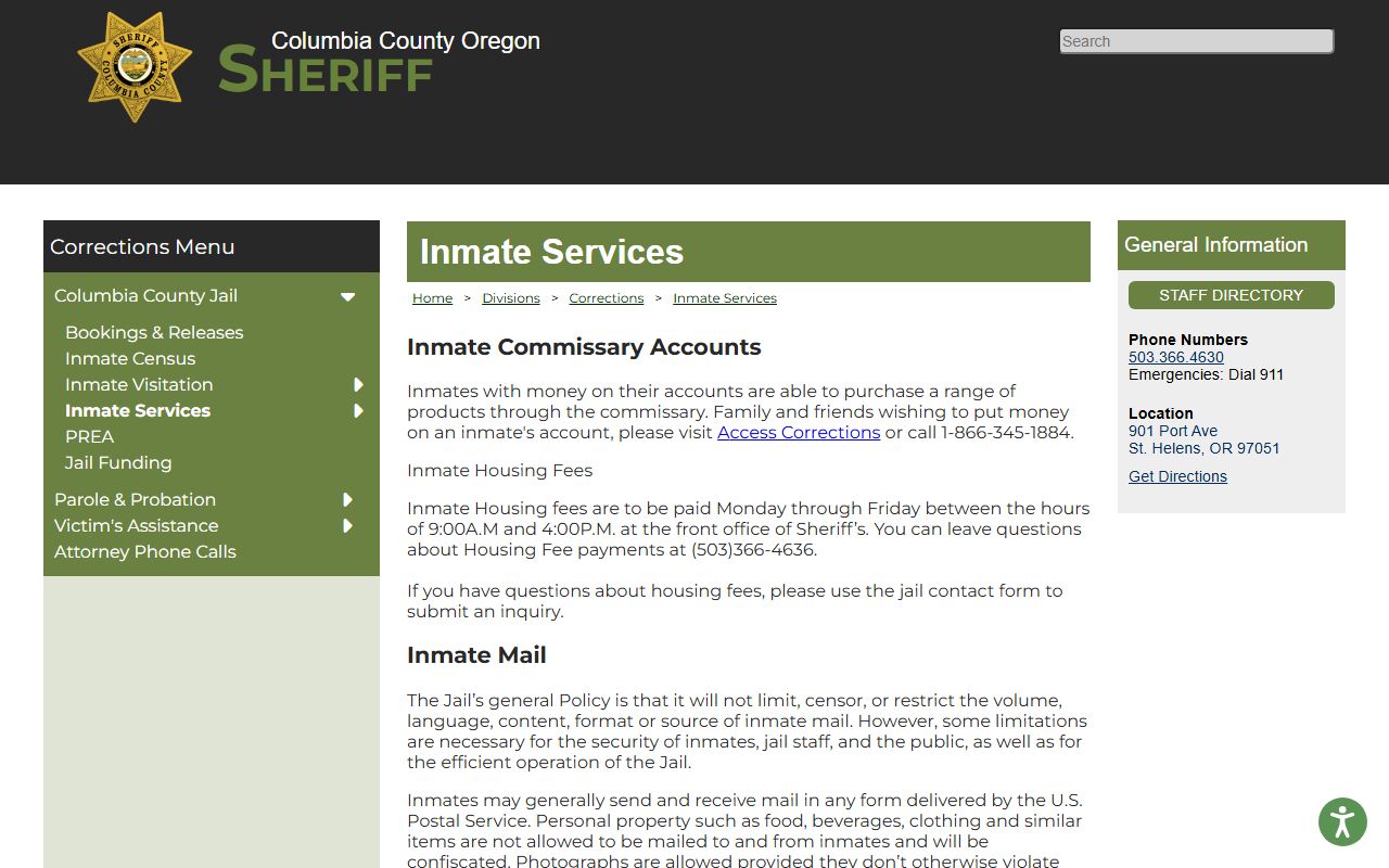 Columbia County inmate records inmate services information