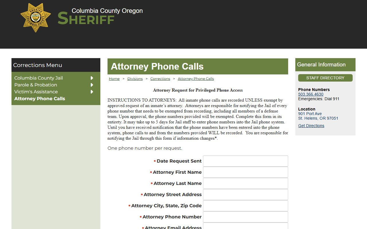Columbia County inmate records attorney privileged phone calls