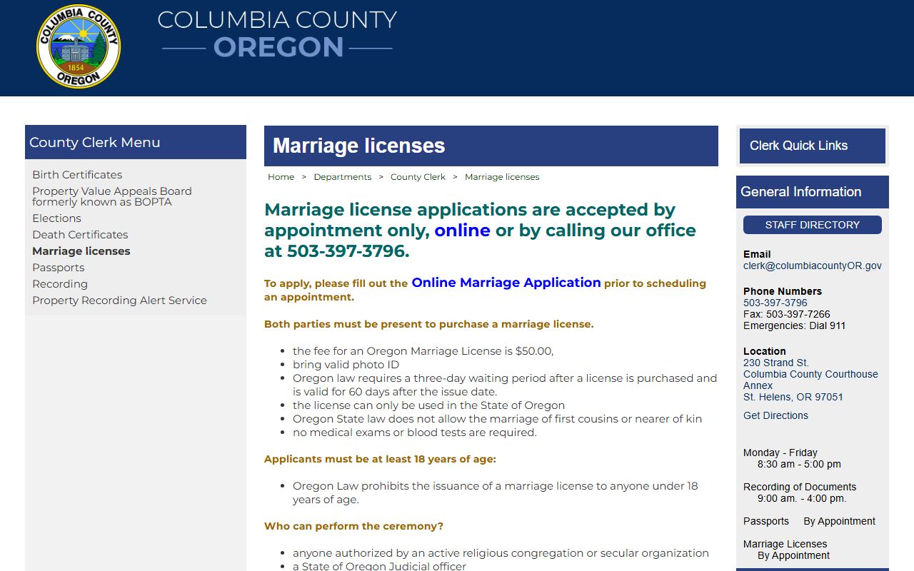 Columbia County marriage records license page