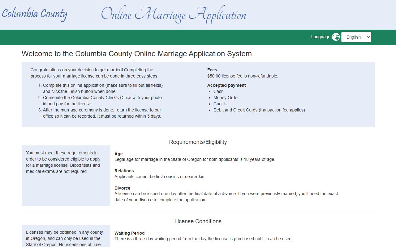 Columbia County marriage records online application