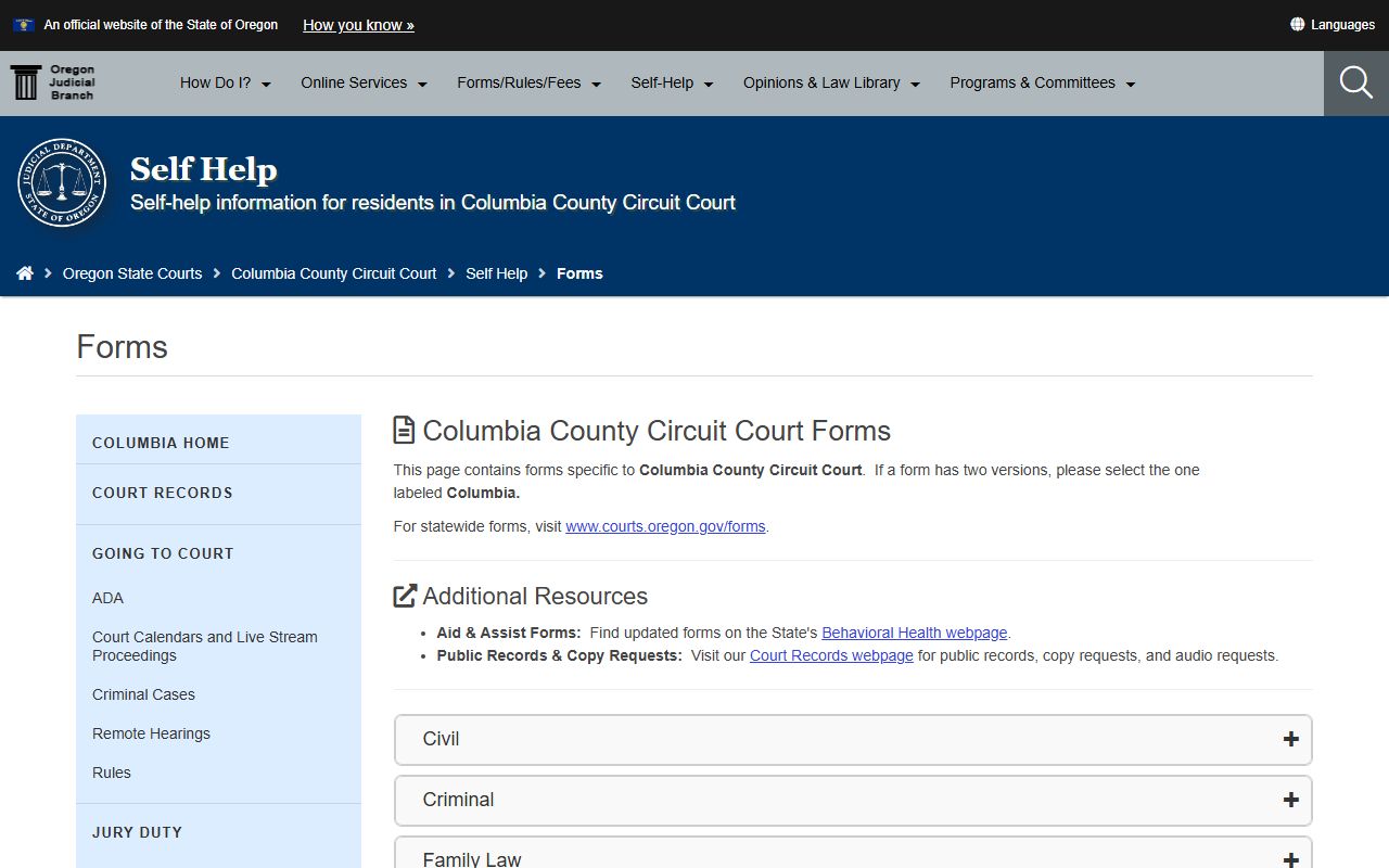 Columbia County probate records Circuit Court forms page