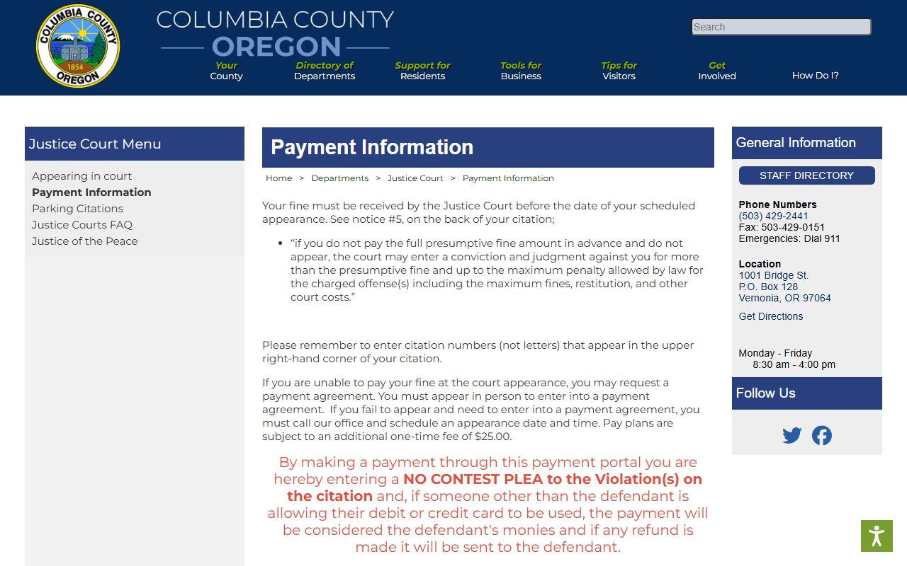 Columbia County traffic court records Justice Court payment information