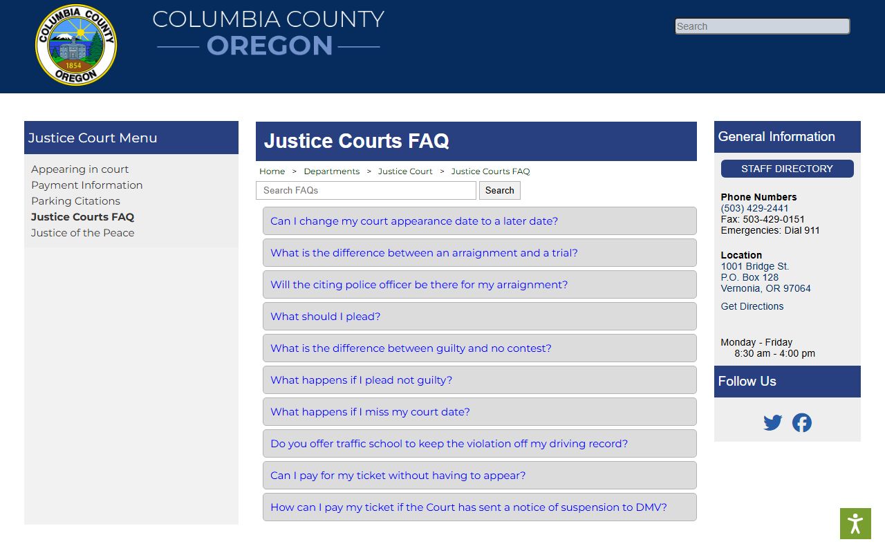 Columbia County traffic court records Justice Court FAQ