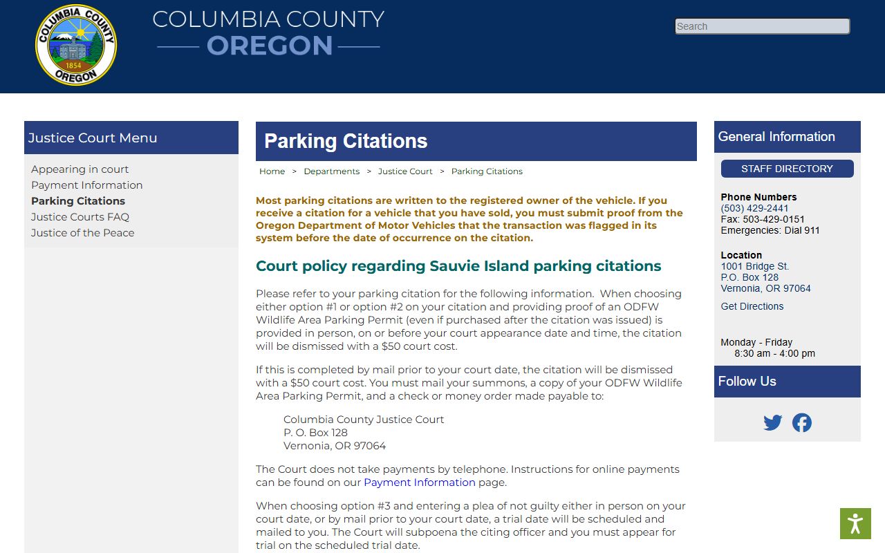 Columbia County traffic court records parking citation rules